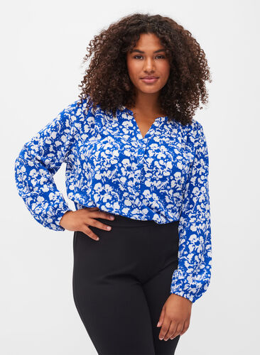 Langærmet bluse med blomsterprint og v-hals, Blue White Flower, Model image number 0