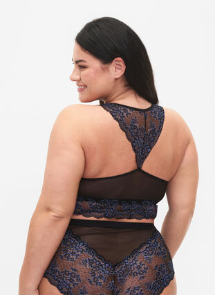Bralette med blonder og mesh, Black w. blue lace, Model image number 1