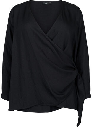 Langærmet bluse i viskose med wrap-look, Black, Packshot image number 0