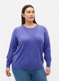 Ensfarvet strikbluse med ribdetaljer, Purple Opulence Mel., Model