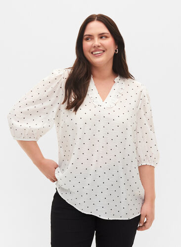 Prikket bluse med 3/4 ærmer i viskosekvalitet, White Dot, Model image number 0