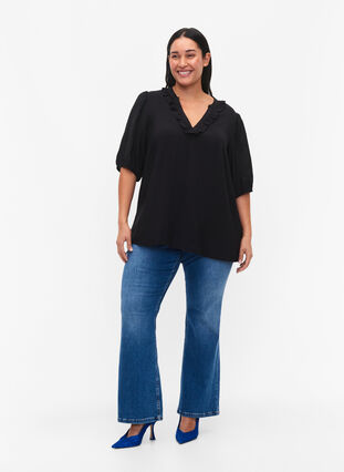 Viskosebluse med pufærmer og flæser, Black, Model image number 2