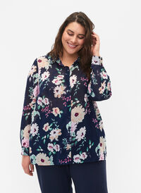 FLASH - Langærmet skjorte med blomsterprint, Navy Flower, Model
