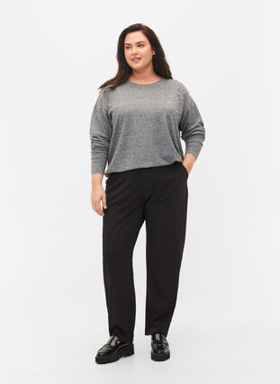 Langærmet bluse med perledetalje, Medium Grey Melange, Model image number 3