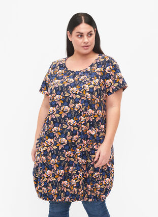 Kortærmet bomuldskjole med print, Blue Orange Flower, Model image number 0