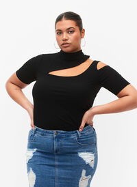 Kortærmet bluse med udskåret parti, Black, Model