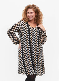 Langærmet kjole med v-hals og print, Black Dots AOP, Model