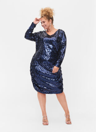 Kjole med pailletter og v-hals, Evening Blue, Model image number 2