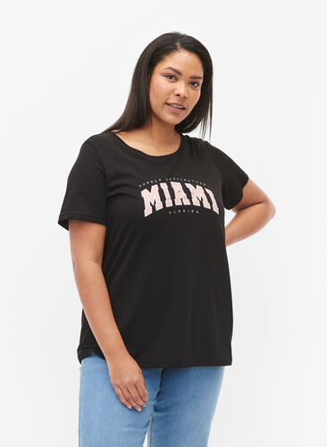 Bomulds t-shirt med printdetalje, Black MIAMI, Model image number 0