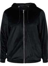 Velour cardigan med lynlås og hætte