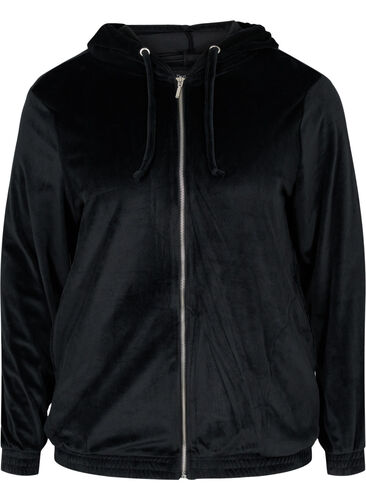 Velour cardigan med lynlås og hætte, Black, Packshot image number 0