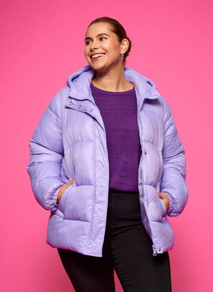 Kort pufferjakke med hætte, Lavender, Model image number 0