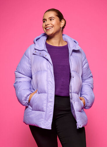 Kort pufferjakke med hætte, Lavender, Model image number 0