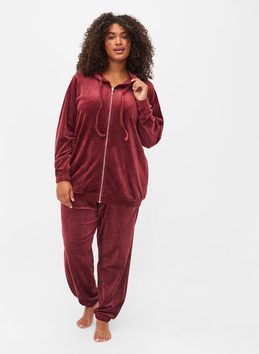 Velour cardigan med lynlås og hætte, Cabernet, Model image number 2
