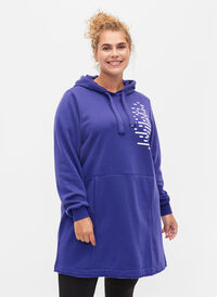 Lang sweatshirt med hætte og lommer, Deep Blue, Model