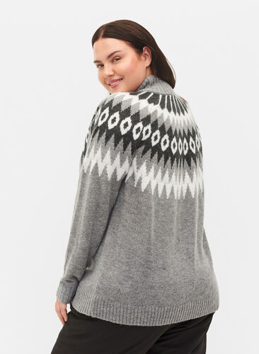 Jacquardmønstret strikbluse med høj hals og lynlås, Dark Grey Mel. Comb, Model image number 1