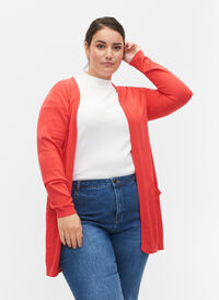 Lang strikcardigan i viskosemix, Poppy Red, Model
