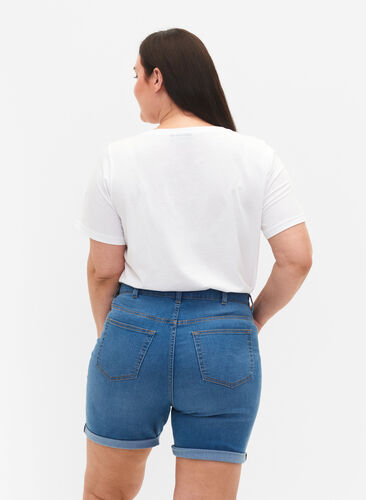 Højtaljede denim shorts med slim fit, Medium Blue Denim, Model image number 1