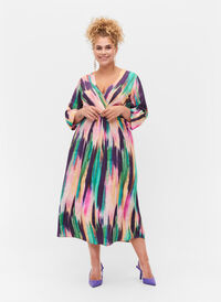 Printet midikjole med 3/4 ærmer, Purple AOP, Model