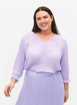 Plisseret bluse med 3/4 ærmer, Lavender, Model image number 0