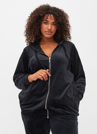 Velour cardigan med lynlås og hætte, Black, Model