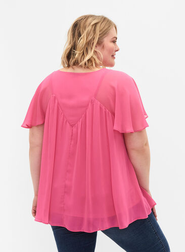 Ensfarvet bluse med flagermusærmer og v-hals, Shocking Pink, Model image number 1