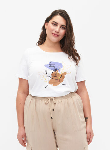 Bomulds t-shirt med rund hals og tryk, Bright White FACE, Model image number 0