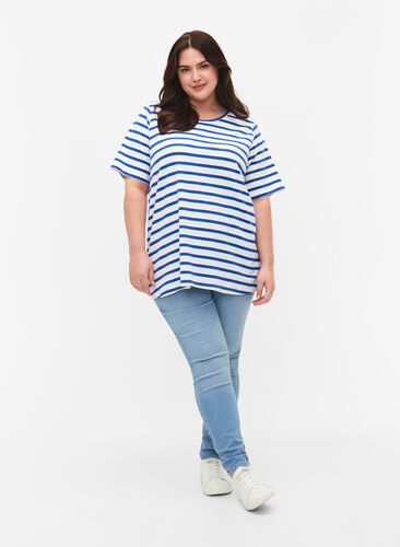 Stribet bomulds t-shirt, Blue Stripes, Model image number 2