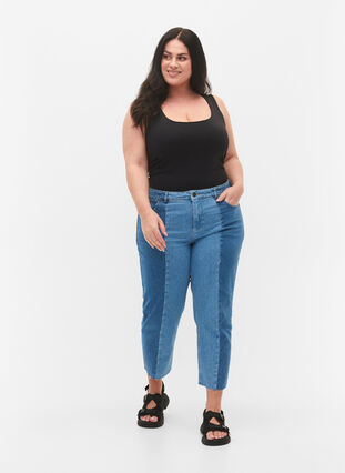 Cropped Vera jeans med colorblock, Blue denim, Model image number 0