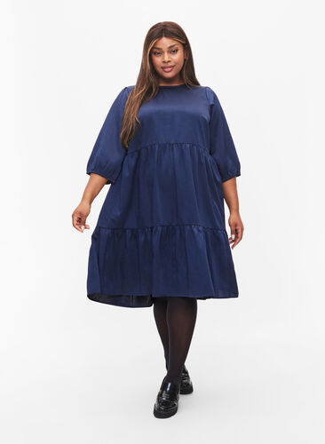 Kjole med rygdetalje og 3/4 ærmer, Maritime Blue, Model image number 0