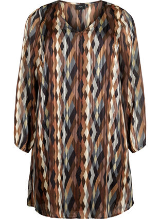 Langærmet kjole med v-hals og print, Earthy Zig Zag, Packshot image number 0