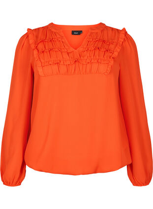 Langærmet bluse med flæsedetaljer, Orange.com, Packshot image number 0