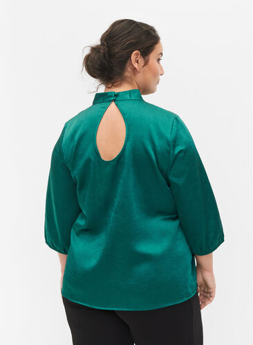 Bluse med 3/4 ærmer og kinakrave, Evergreen, Model image number 1