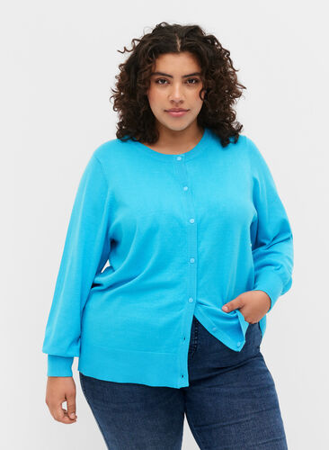 Ribbet cardigan med knaplukning, River Blue, Model image number 0
