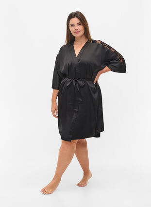 Morgenkåbe med blonder, Black, Model image number 3