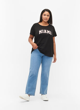 Bomulds t-shirt med printdetalje, Black MIAMI, Model image number 2
