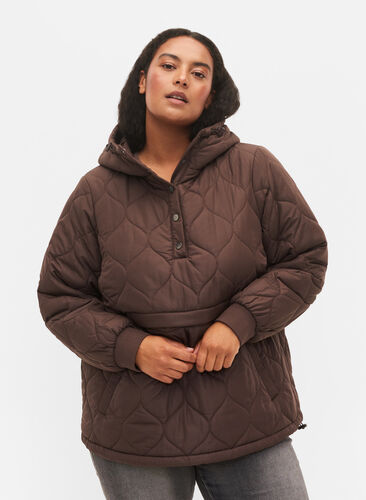 Quiltet termo anorak med hætte, Black Coffee, Model image number 0