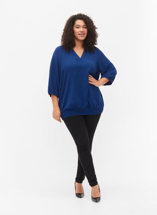 Bluse med smock og 3/4 ærmer, Blue Depths, Model image number 2