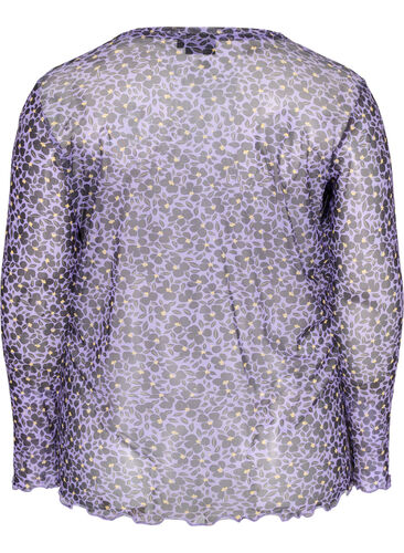Tætsiddende mesh bluse med blomstermønster, Purple AOP, Packshot image number 1