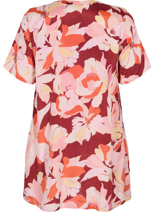 Blomstret viskose tunika med korte ærmer, Bordeaux Flower AOP, Packshot image number 1