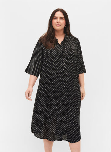 Printet skjortekjole i viskose, Black AOP, Model image number 0