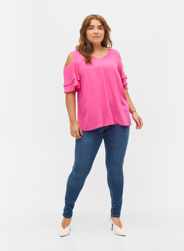 Kortærmet bluse i viskose, Fuchsia Purple, Model image number 2
