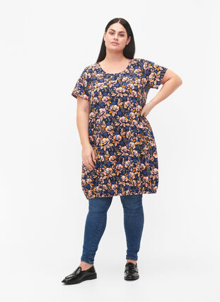 Kortærmet bomuldskjole med print, Blue Orange Flower, Model image number 2