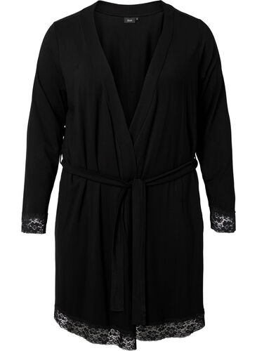 Morgenkåbe i viskose med blonder, Black, Packshot image number 0
