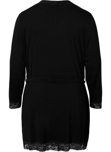 Morgenkåbe i viskose med blonder, Black, Packshot image number 1
