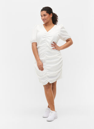 Kortærmet kjole med draperinger og struktur, Bright White, Model image number 3