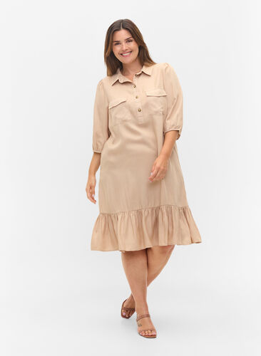 Kjole med flæsekant og 3/4 ærmer, Humus, Model image number 2