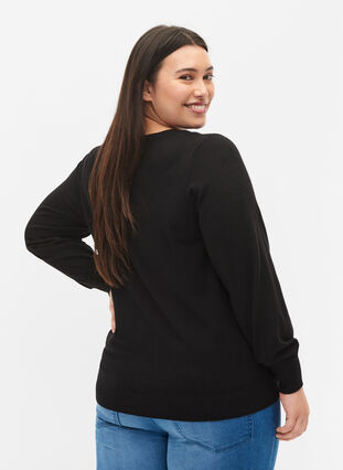Ensfarvet strikbluse med ribdetaljer, Black, Model image number 1