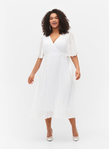 Plisseret midikjole med korte ærmer, Star White, Model image number 0
