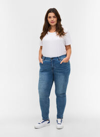 Cropped Amy jeans med høj talje og sløjfe, Blue denim, Model